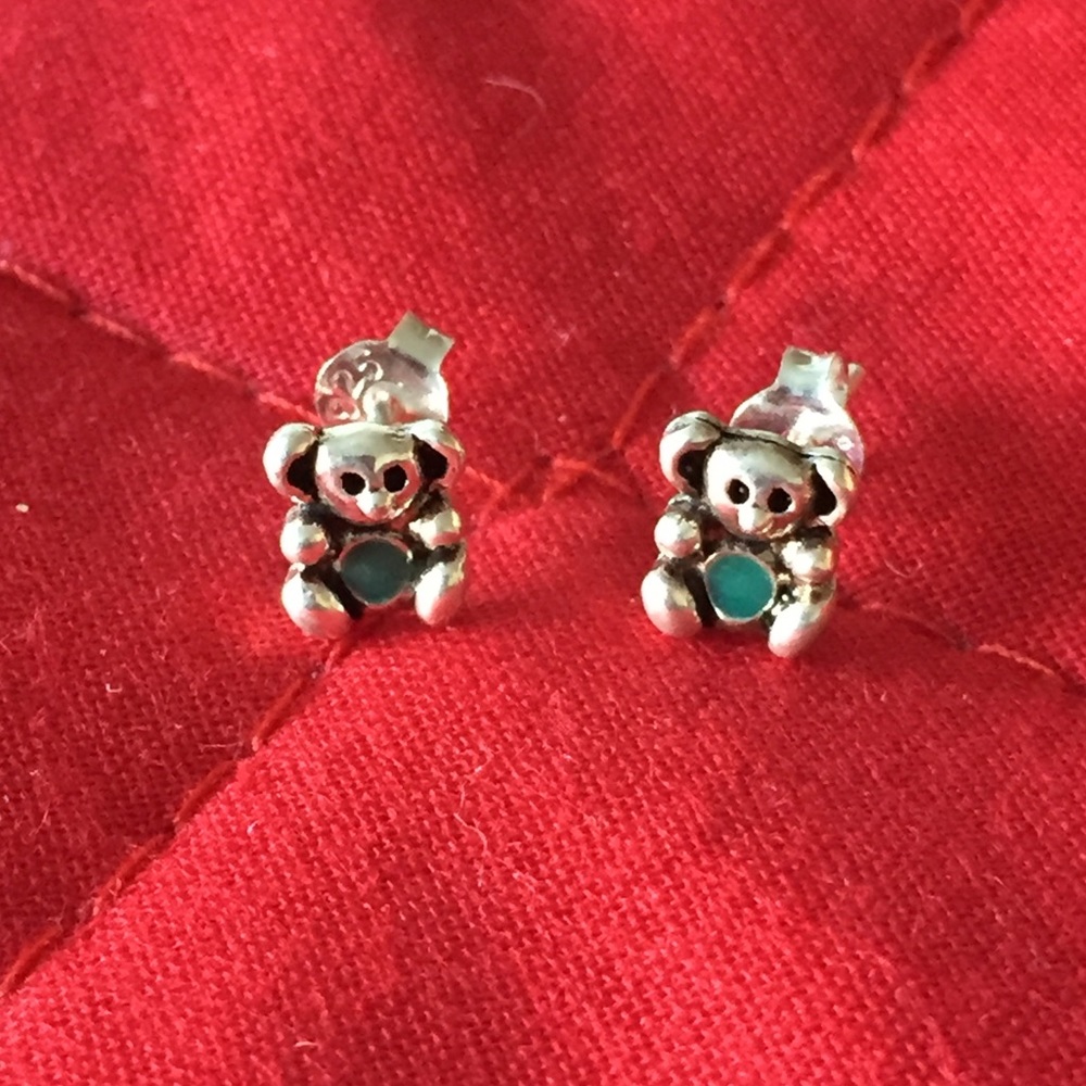925 Sterling Silver Green Teddy Bear Earrings