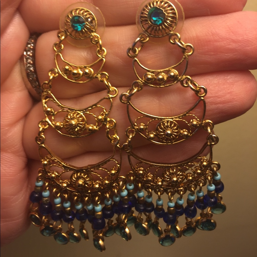 Bohemian gold tone & blue dangle earrings