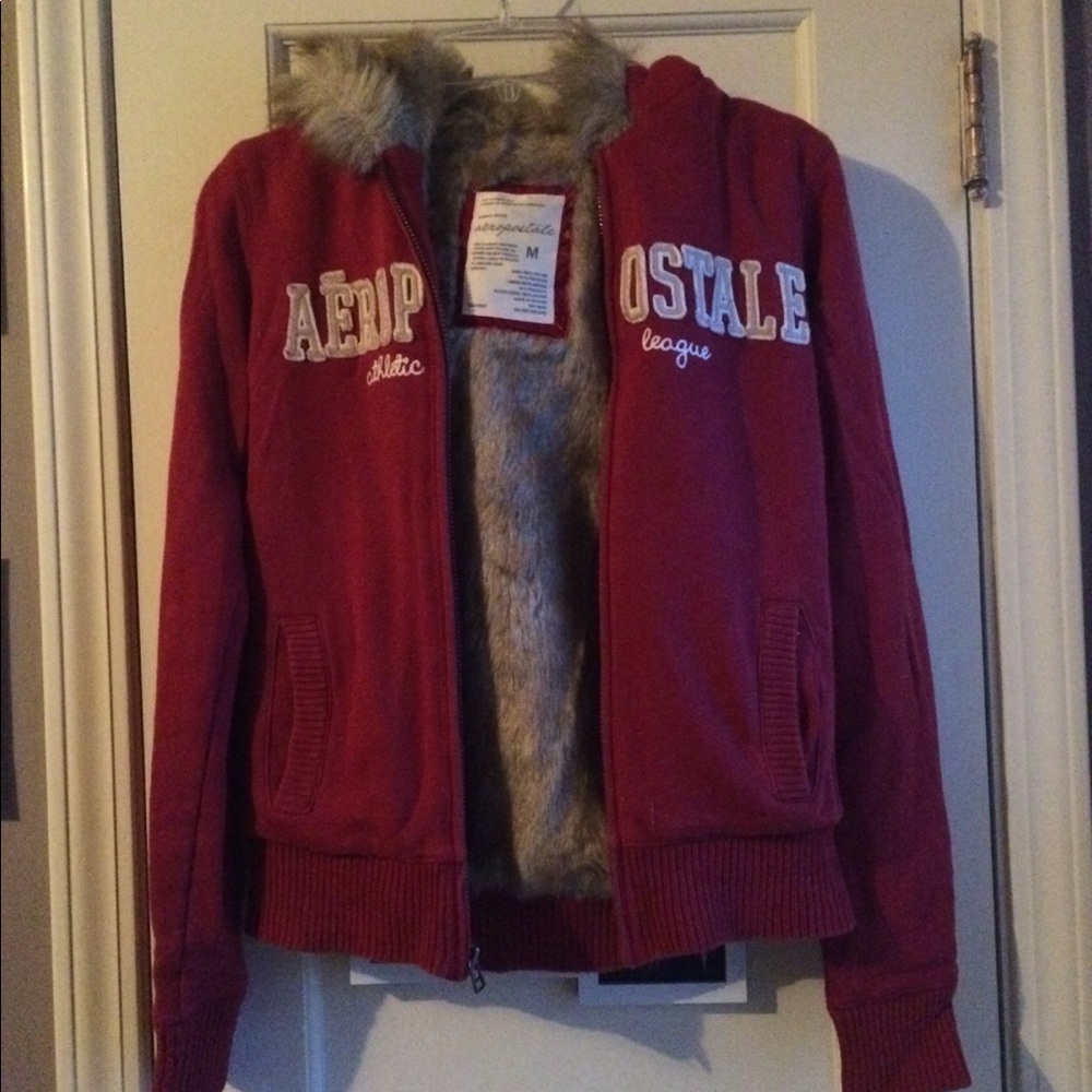 Red faux fur lined hoodie