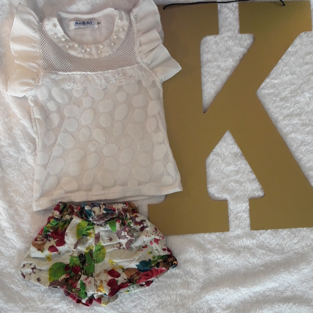 Two piece set white top and floral print bottom