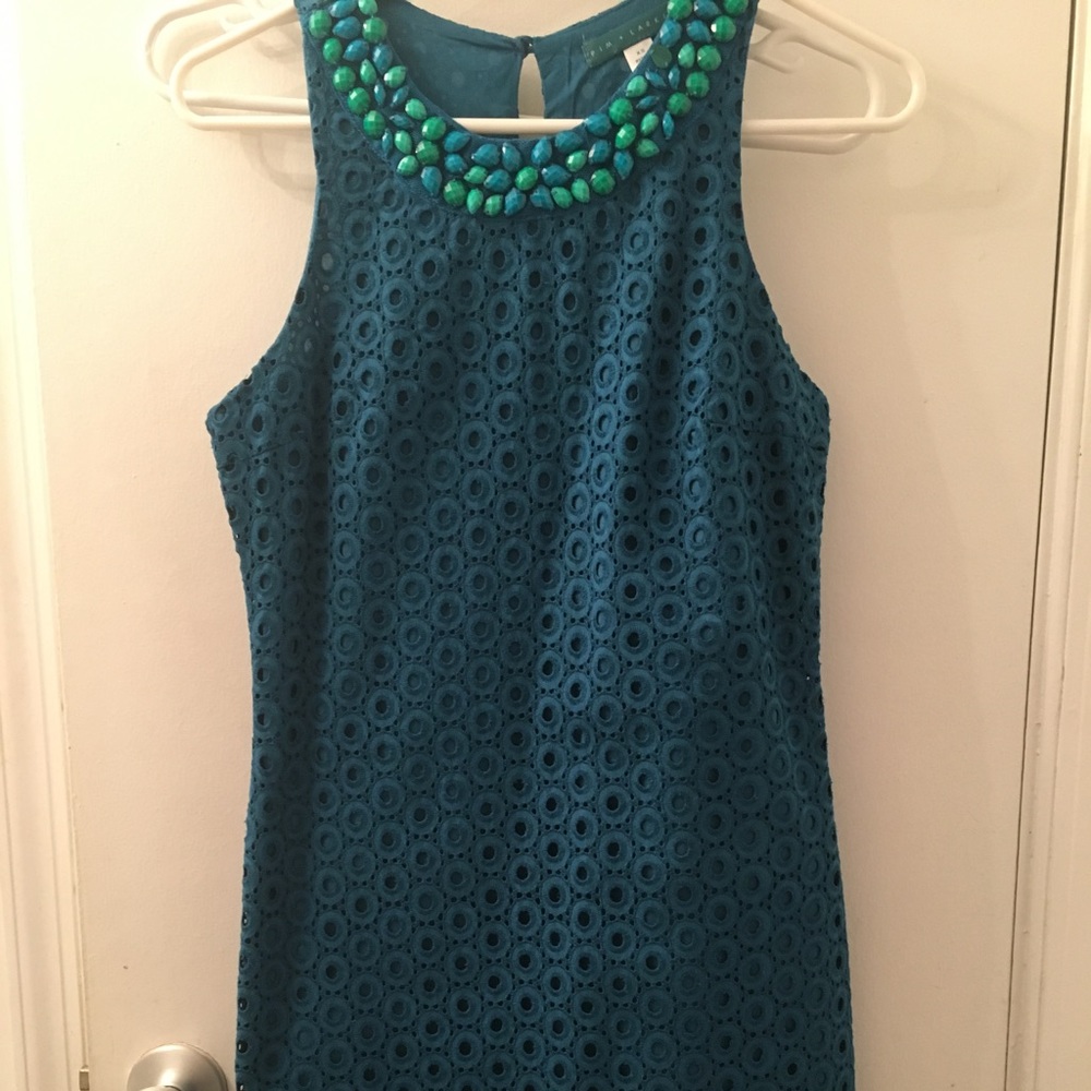 Beautiful teal jeweled neckline shift dress