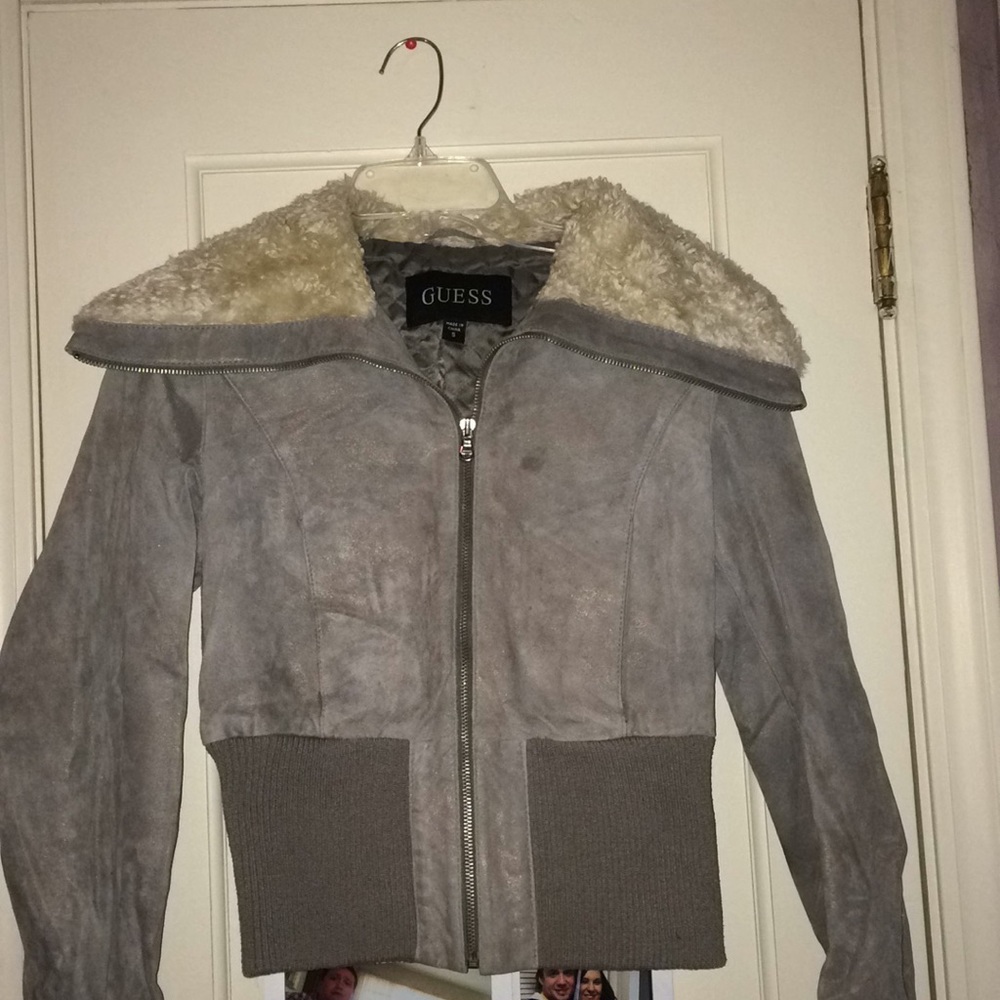 Gray bomber jacket with fake fur collar