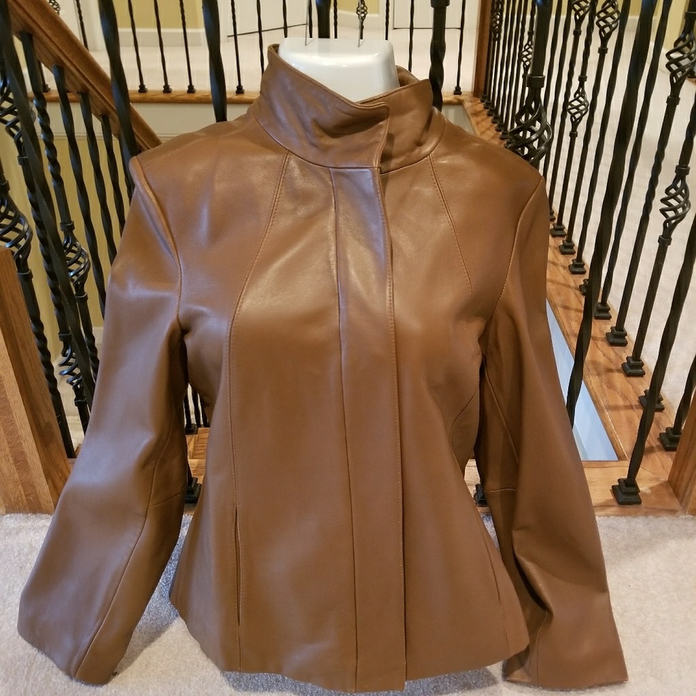 Calvin Klein stand collar leather jacket.