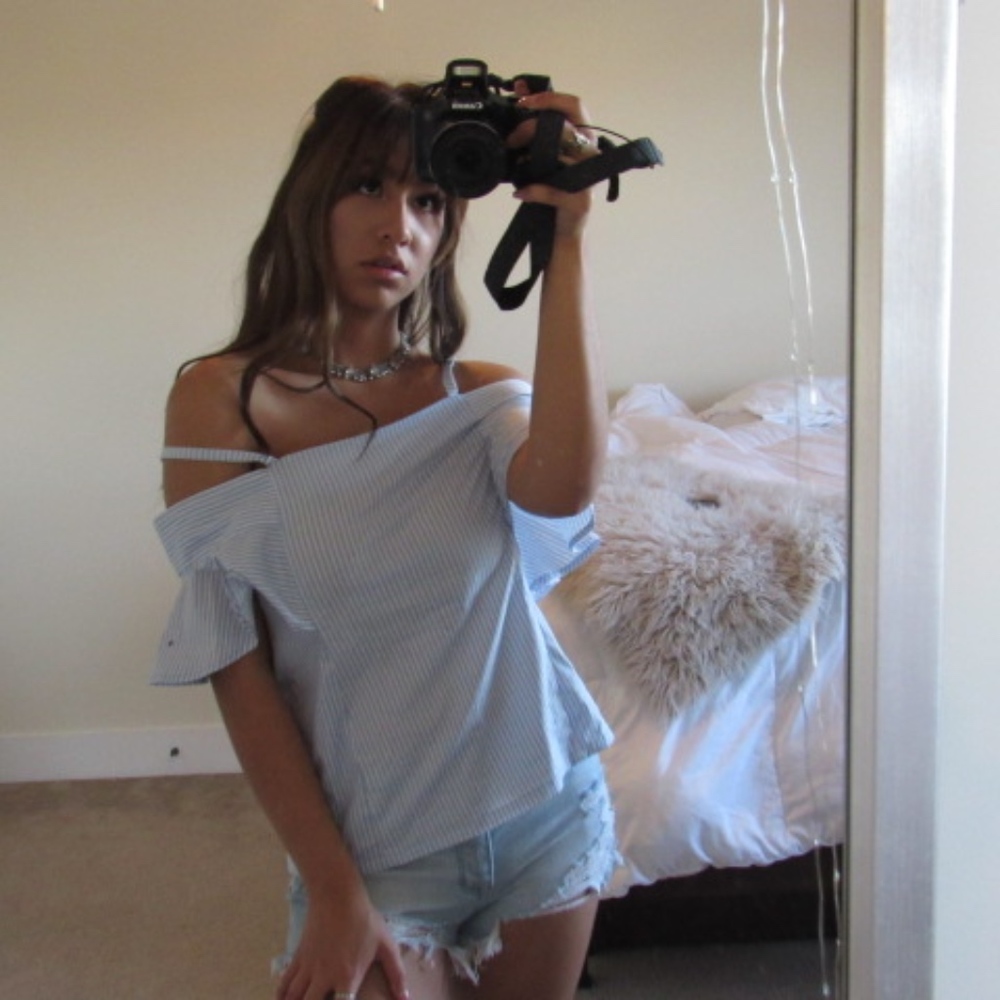 blue and white striped off the shoulder top