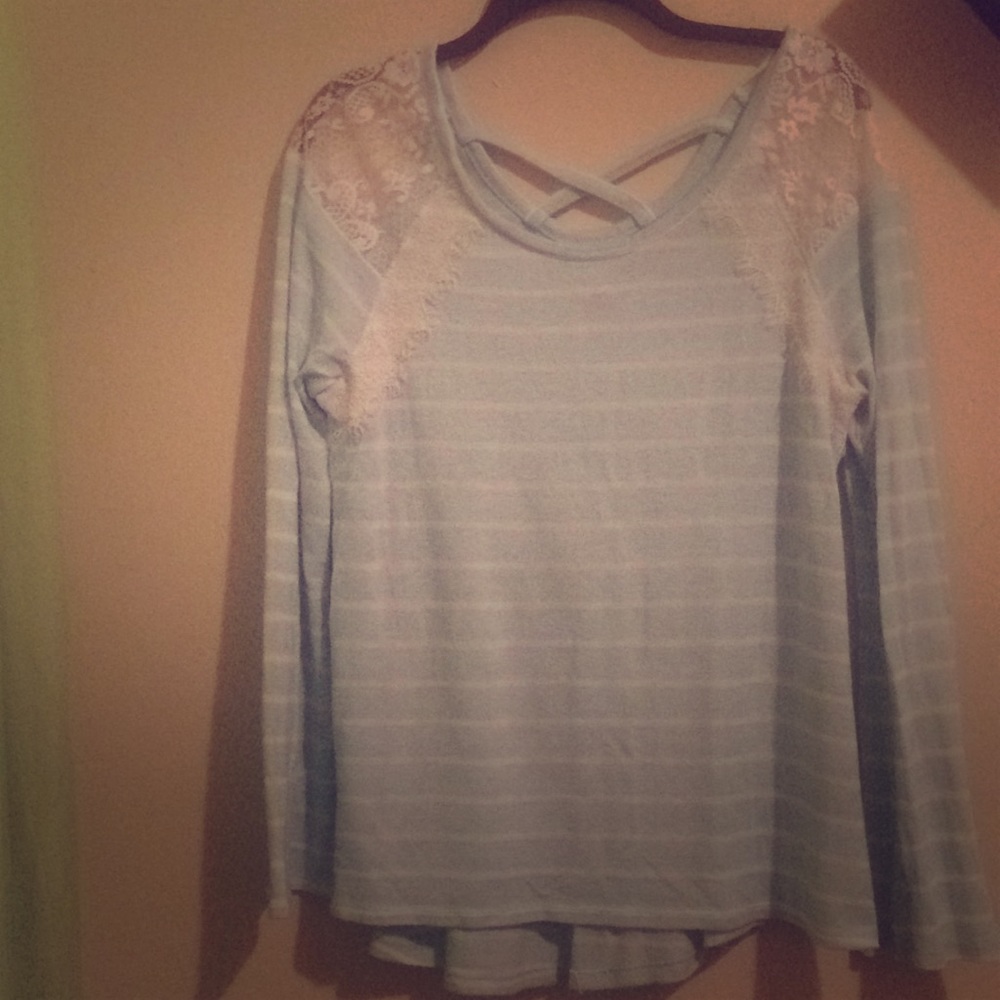 White bluish long sleeve cross back Mesh shirt