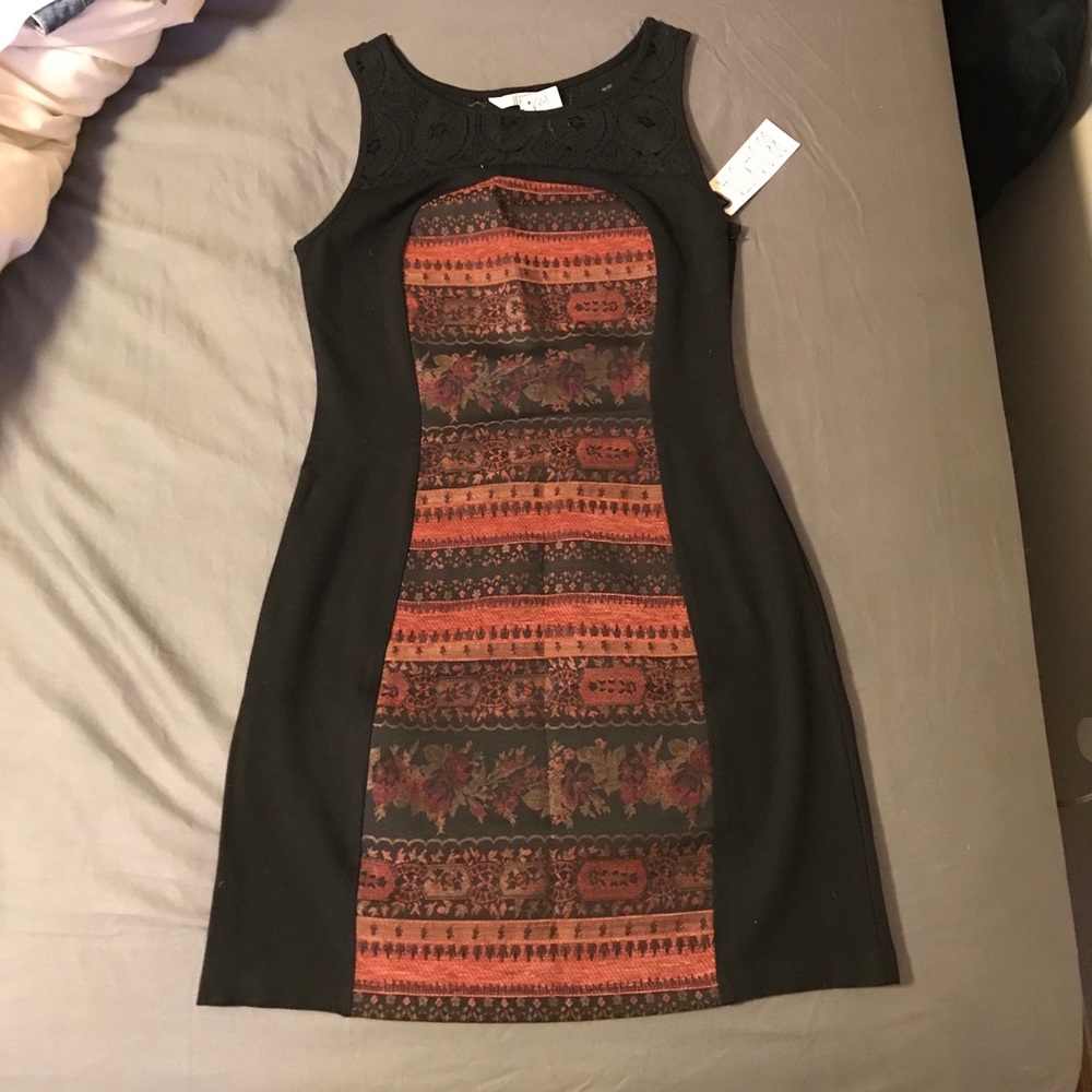 Black dress with multicolor pattern