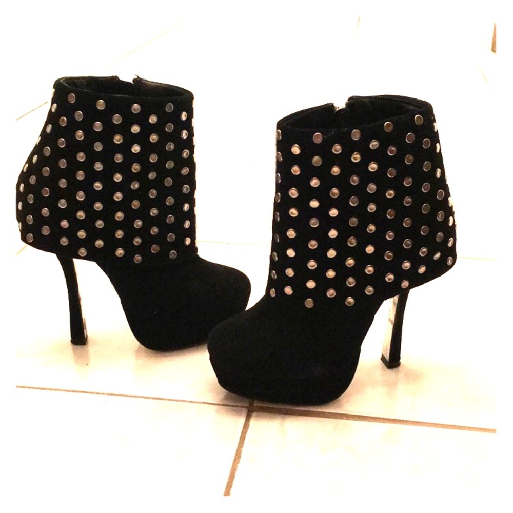 Black suede studded high heel booties (size 5)