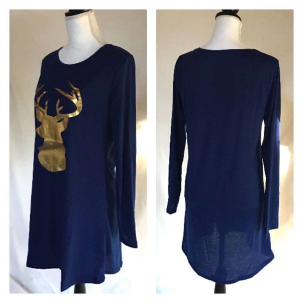 NWOT Blue Gold Reindeer Tunic Mini Dress XS S - Picture 4 of 5