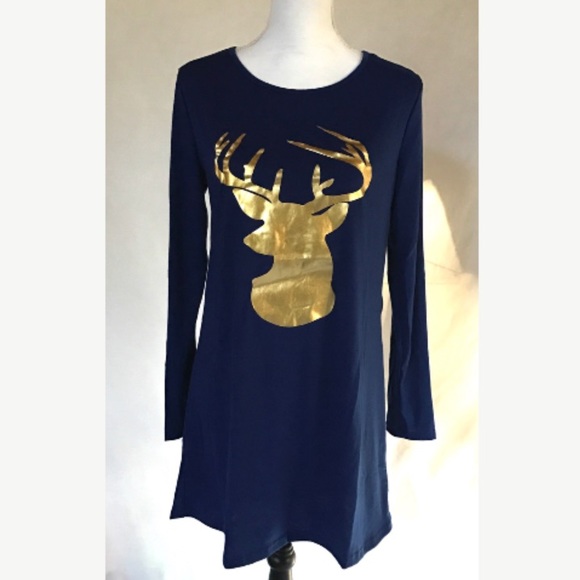 NWOT Blue Gold Reindeer Tunic Mini Dress XS S - Picture 3 of 5