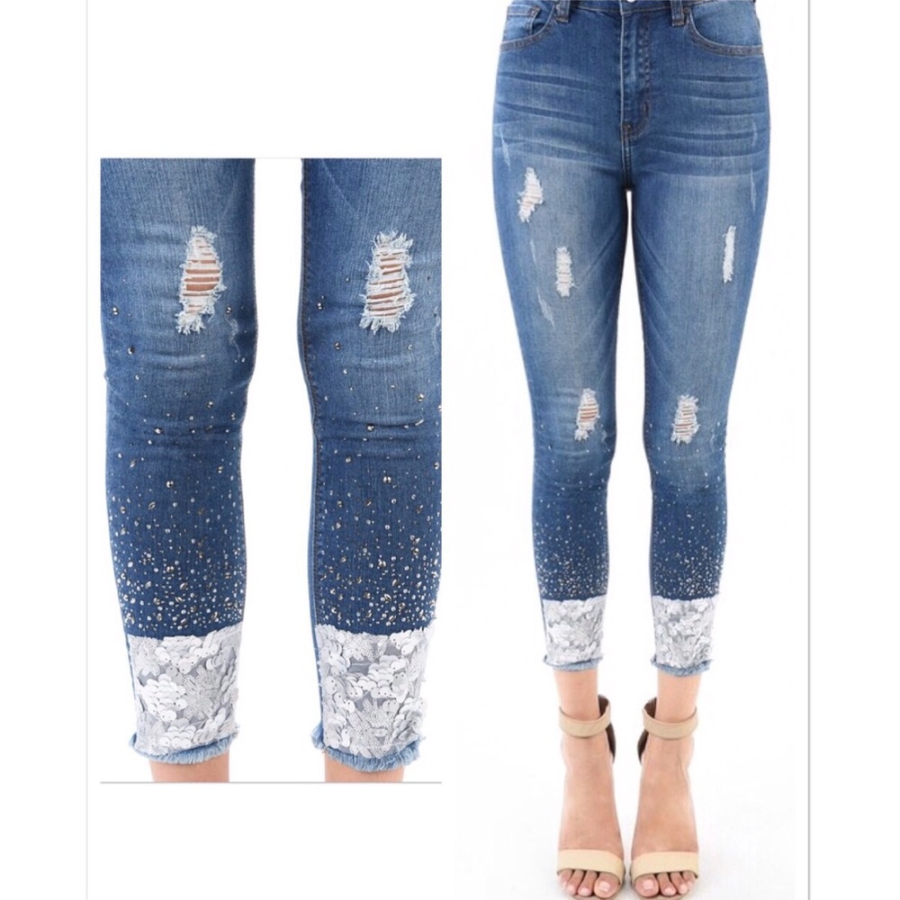 🅱️Sequin Rhinestone Skinny Jeans Ankle Skinny - Picture 1 of 5