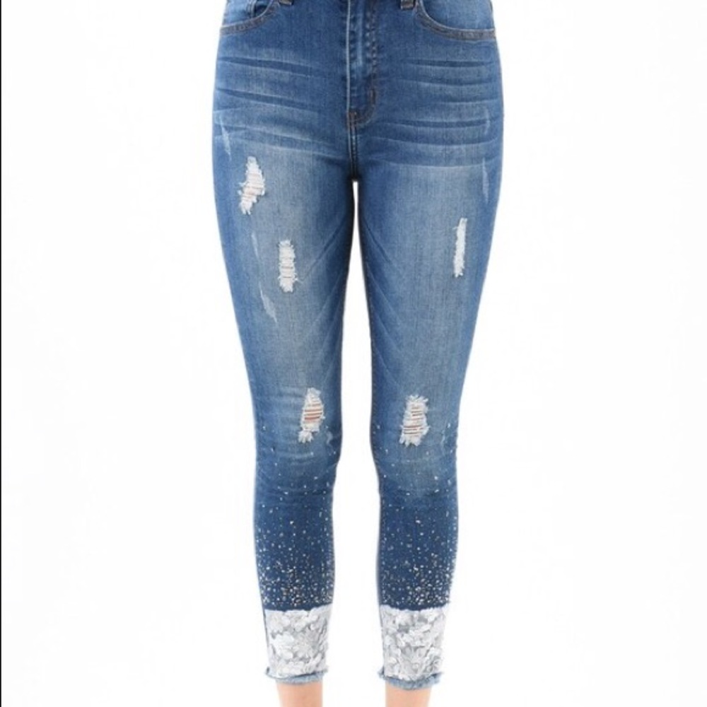 🅱️Sequin Rhinestone Skinny Jeans Ankle Skinny - Picture 2 of 5