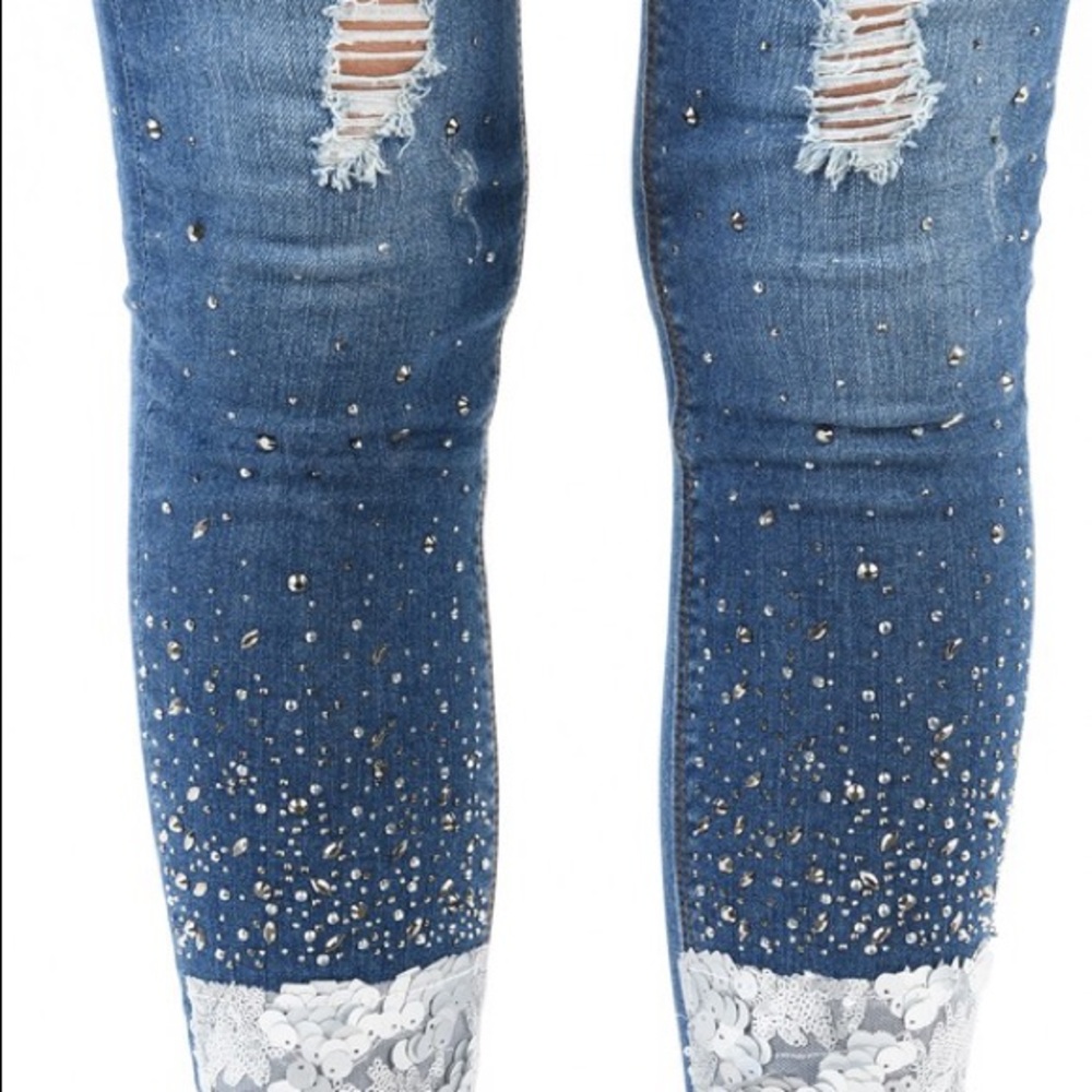 🅱️Sequin Rhinestone Skinny Jeans Ankle Skinny - Picture 3 of 5