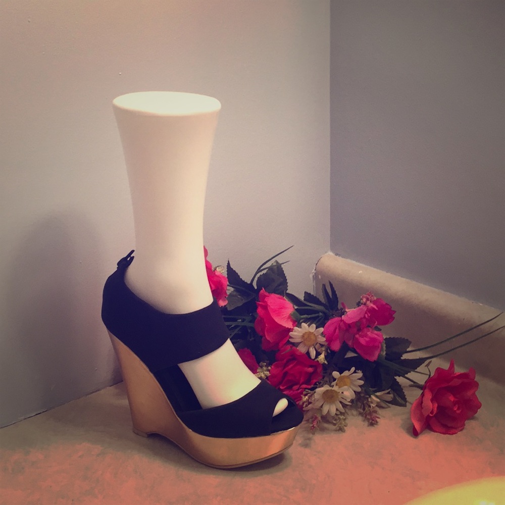 100% polyester open-toe ankle strap wedge