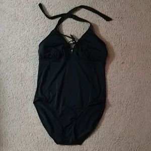 Black one-piece halter bathing suit. Size 14
