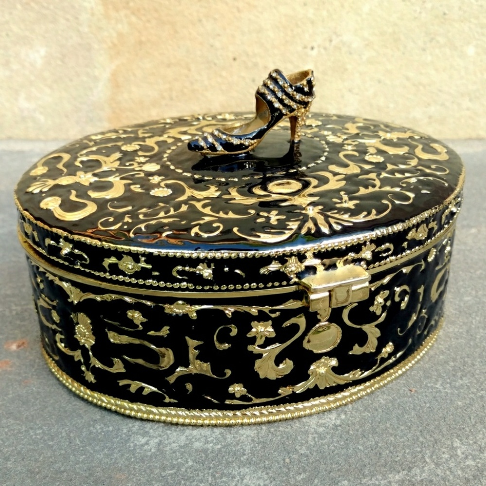 Jewelry Trinket Box Heavy Black Enamel Art
