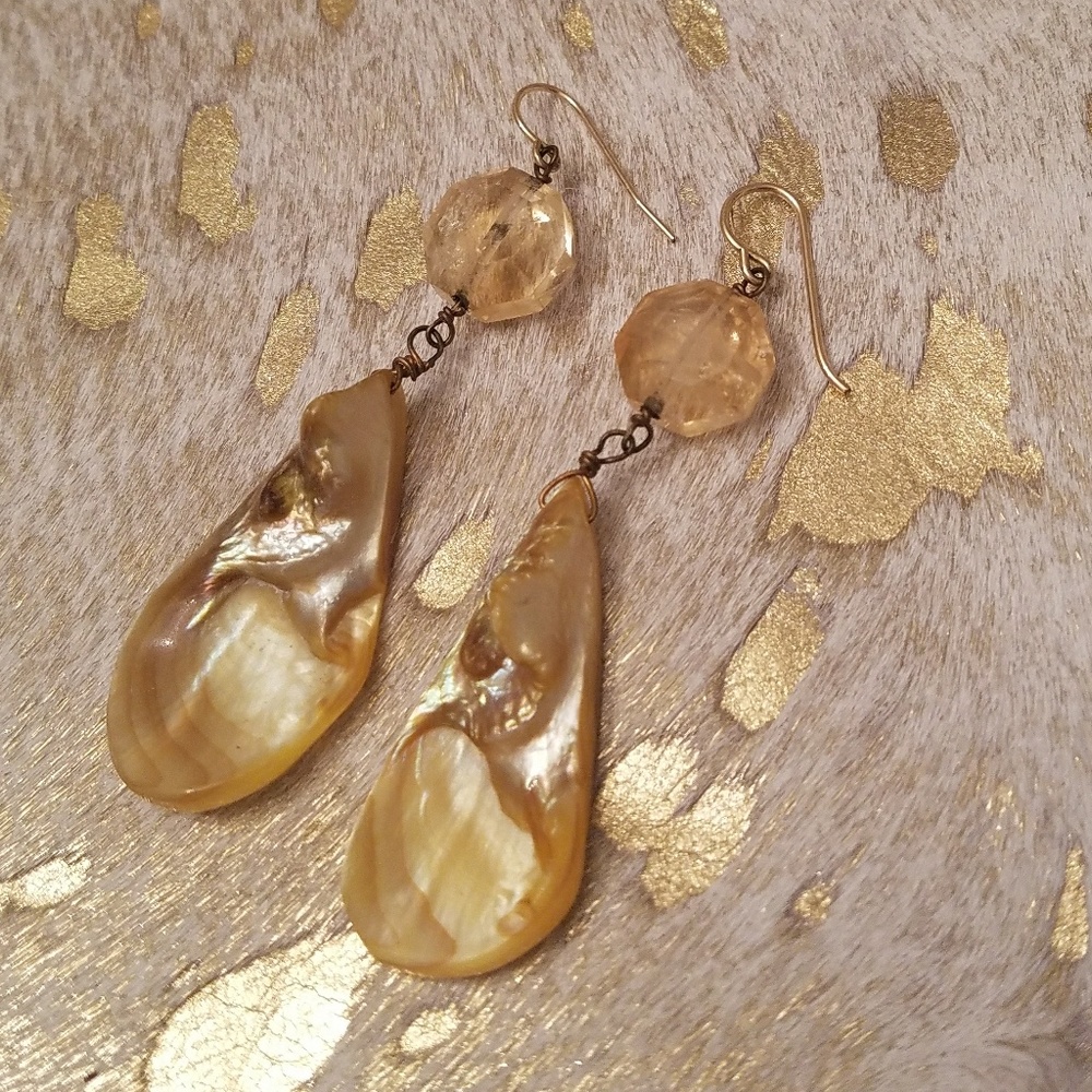 Yellow Shell and Crystal Drop Earrings