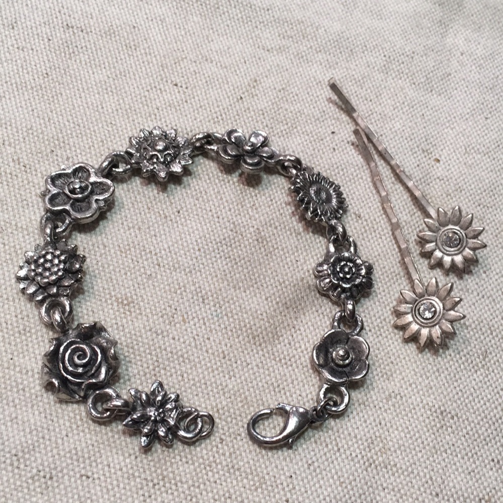 Silver Floral Bracelet and Bobby Pins