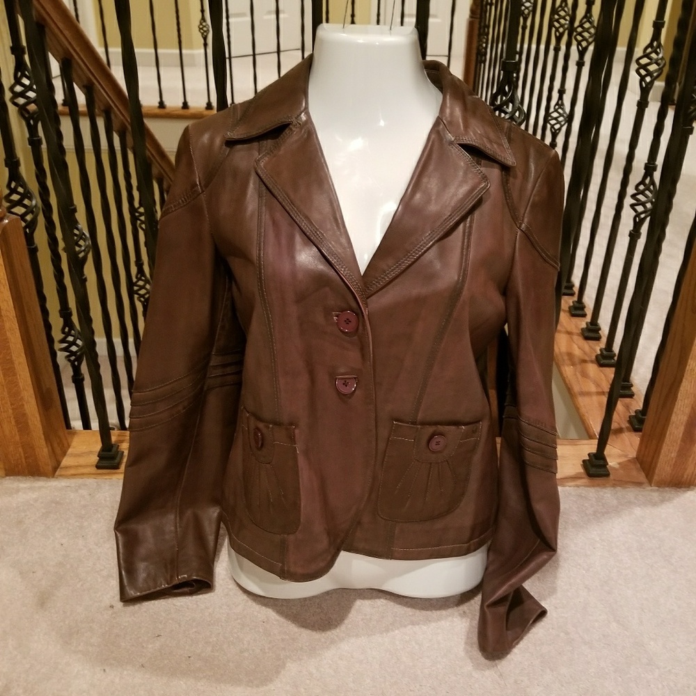 Brown leather single breasted blazer