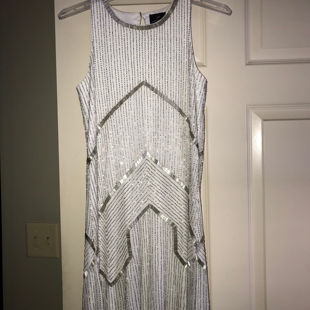 Perfect unique silver bugle bead white dress.