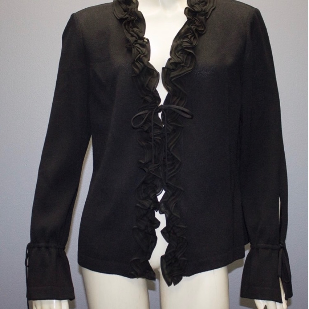 Black Ruffled St.John Essentials Cardigan