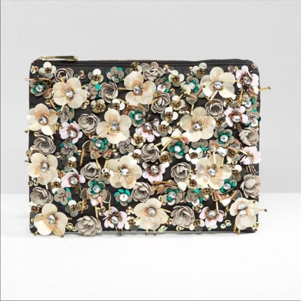 Floral Embellished Zip Top Clutch