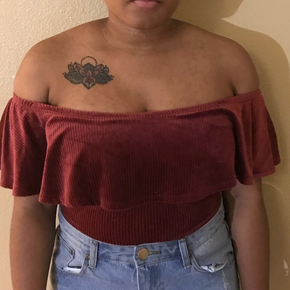 Burgundy off the shoulder velvet corduroy bodysuit