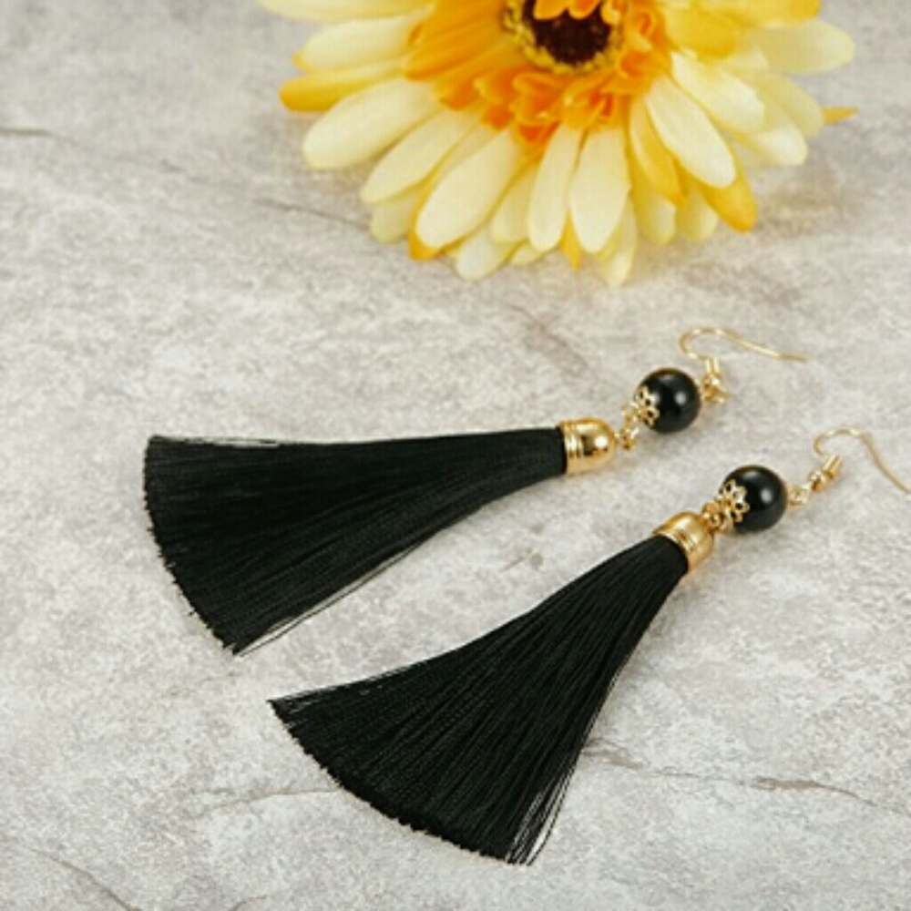 Black Thread Long Dangle Tassel Earrings