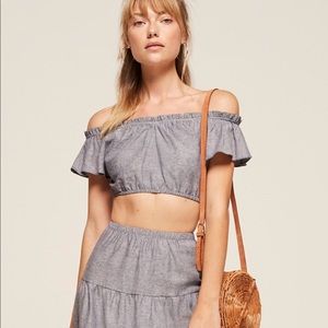 Reformation Bronte Linen Off the Shoulder Crop Top
