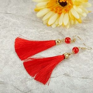 Red Thread Long Dangle Tassel Earrings