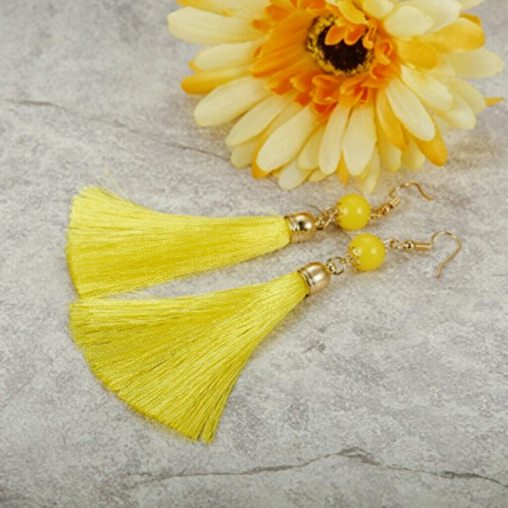 Yellow Thread Long Dangle Tassel Earrings
