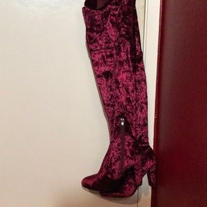 BURGUNDY CRUSHED VELVET OVER THE KNEE BOOTS