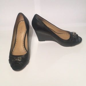 Coach black leather Thea peep toe wedges, size 6.