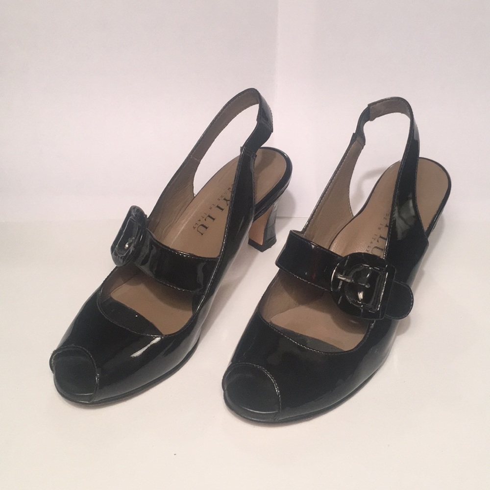 Anyi Lu black patent peep toe sling back heels.