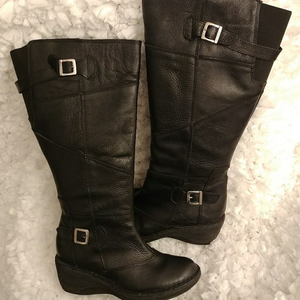 Black Leather 9.5 Wide Calf Knee High Wedge Boots