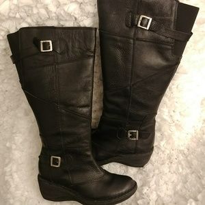 Black Leather 9.5 Wide Calf Knee High Wedge Boots