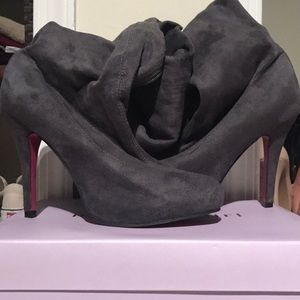 Gray thigh high 4" heel boots