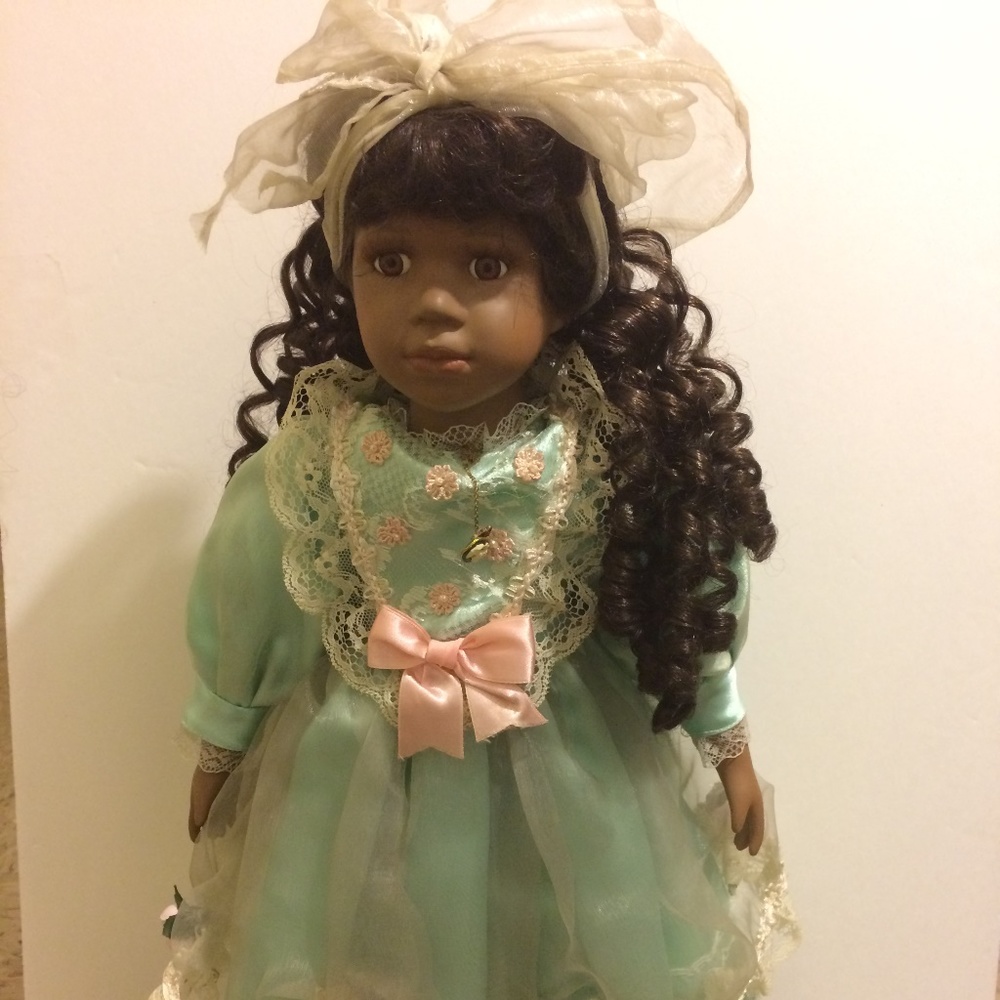 Collectable Porcelain Doll Laced Satin Dress