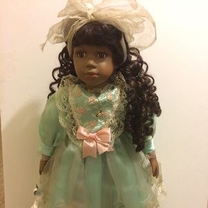 Collectable Porcelain Doll Laced Satin Dress