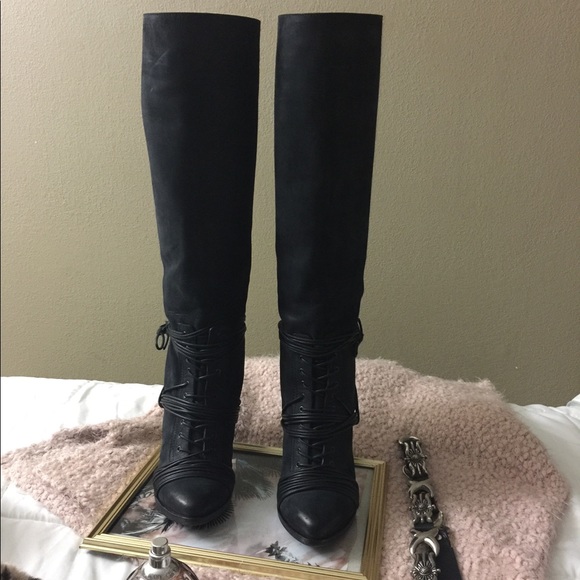 GIVENCHY• Black Nubuck Leather Knee High Boots - Picture 3 of 8