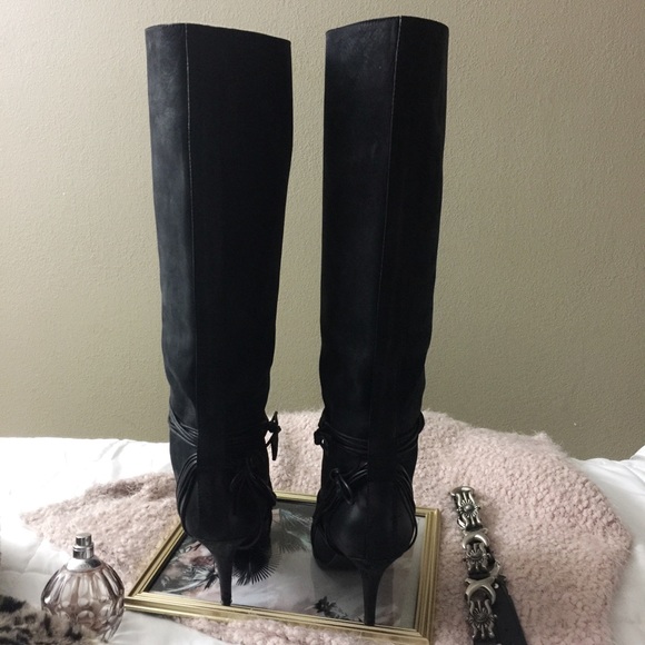 GIVENCHY• Black Nubuck Leather Knee High Boots - Picture 4 of 8