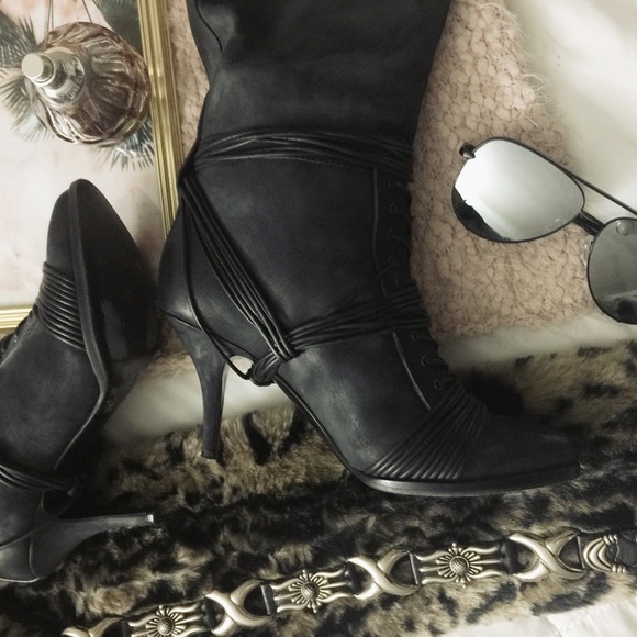 GIVENCHY• Black Nubuck Leather Knee High Boots - Picture 5 of 8