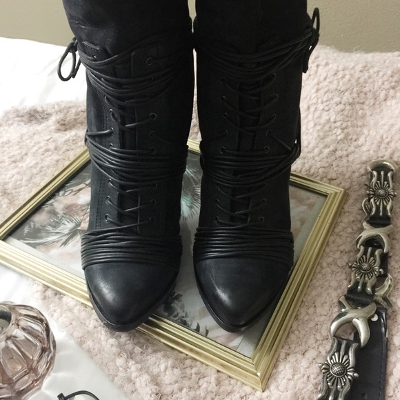 GIVENCHY• Black Nubuck Leather Knee High Boots - Picture 2 of 8