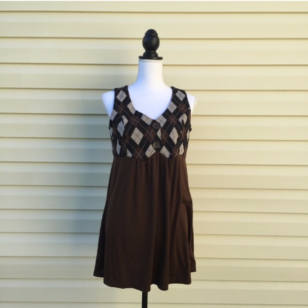 Brown and tan argyle vest shirt dress