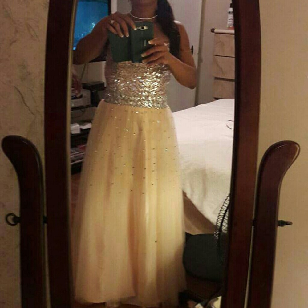 Champagne and Silver Sequens Prom Gown