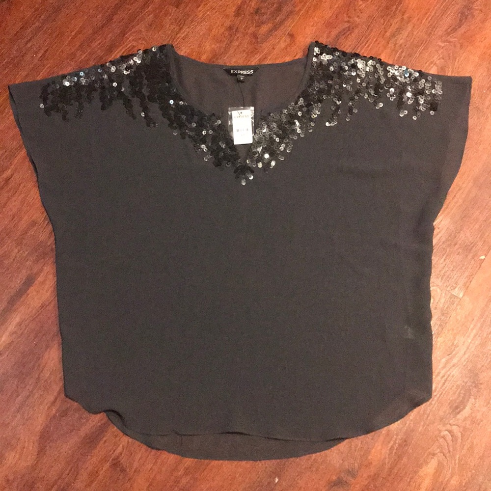 Express Gray Sheer Sequin Oversized Blouse - NWT