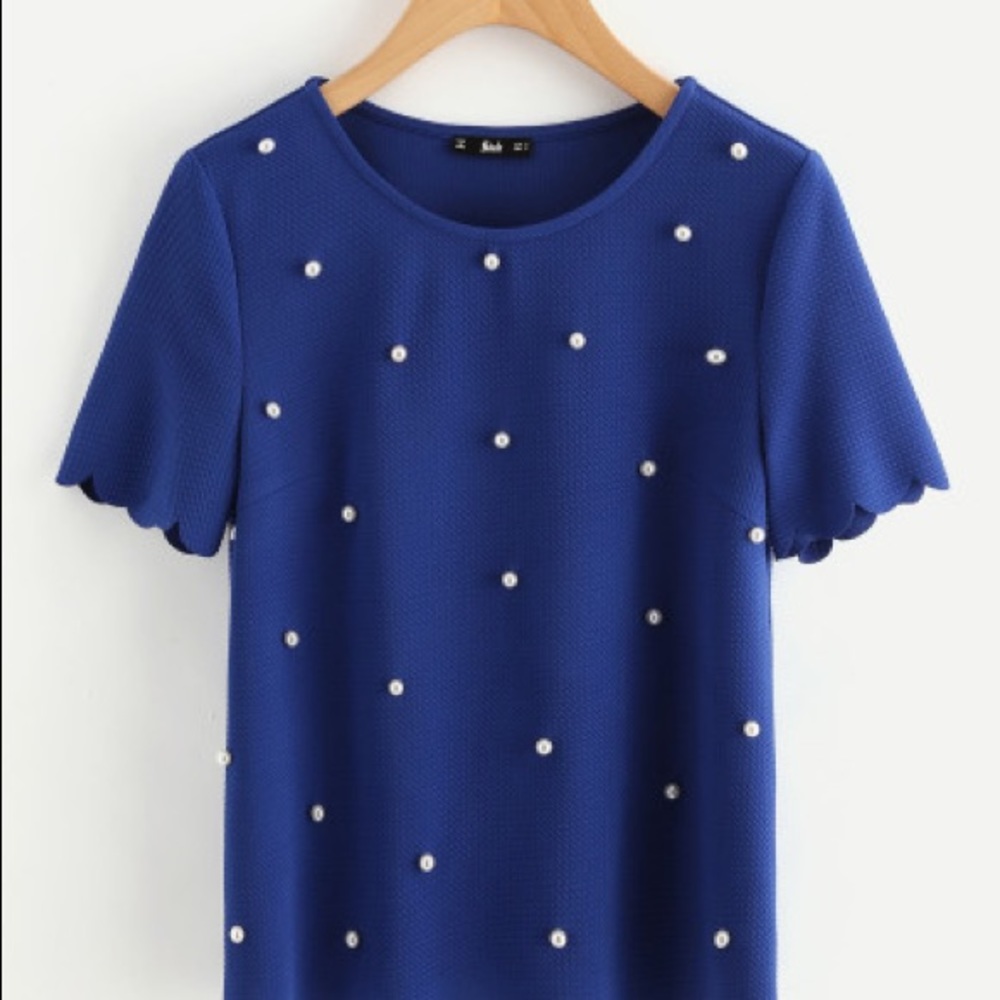 SALE 💙Blue💙Scallop Trim Pearl Embellish top - Picture 2 of 6