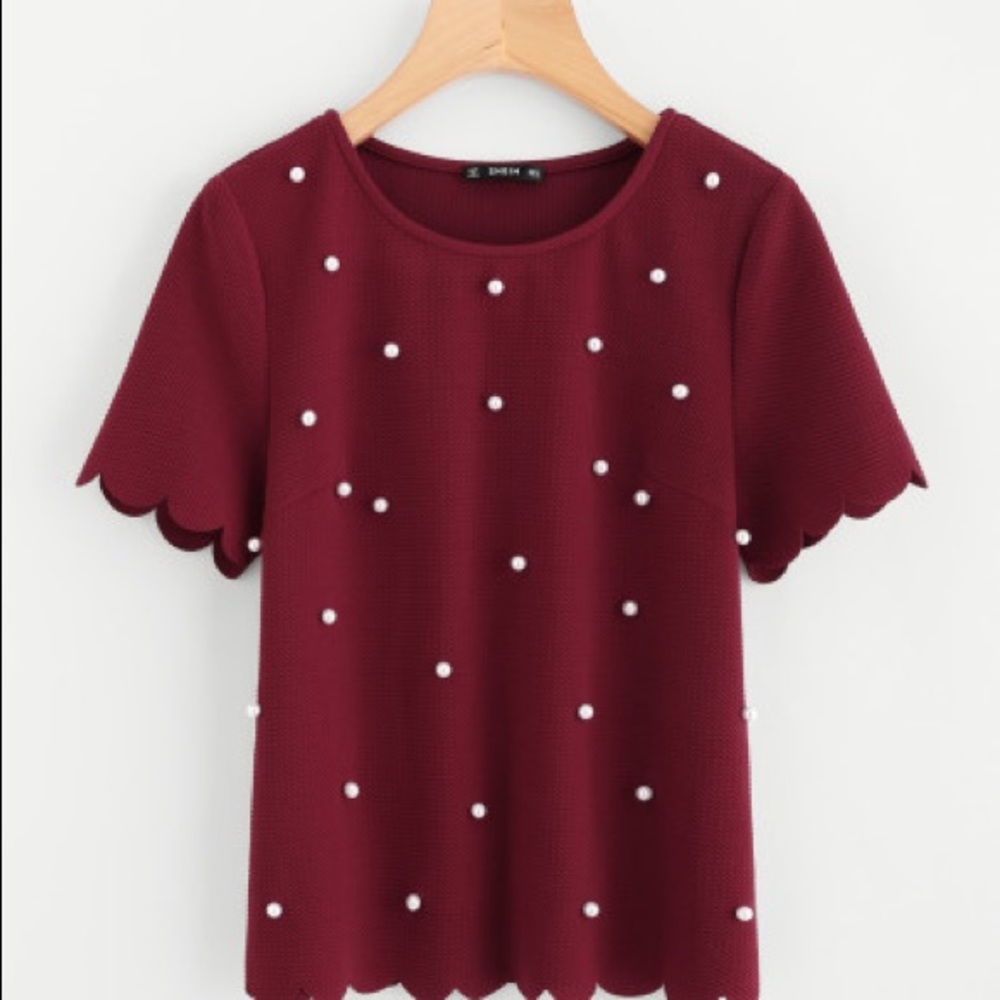 SALE❣️Burgundy❣️Scallop Trim Pearl Embellish Top - Picture 2 of 7