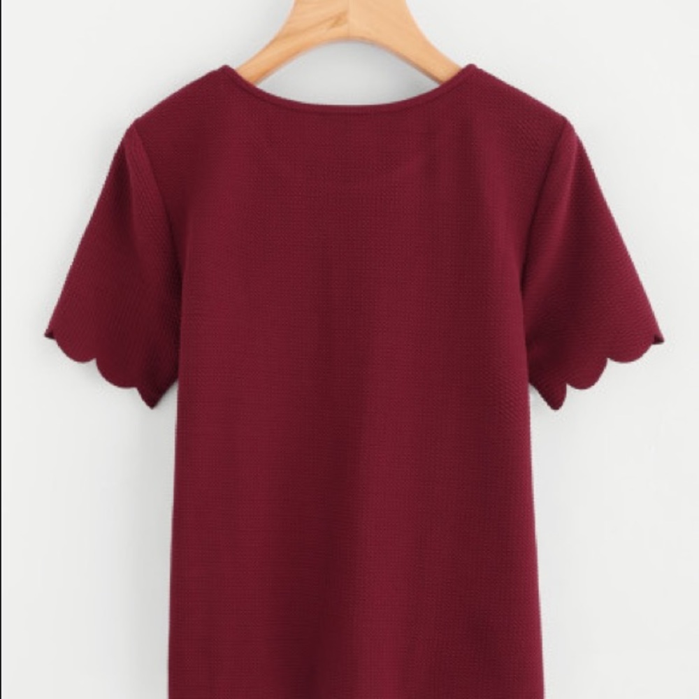 SALE❣️Burgundy❣️Scallop Trim Pearl Embellish Top - Picture 3 of 7