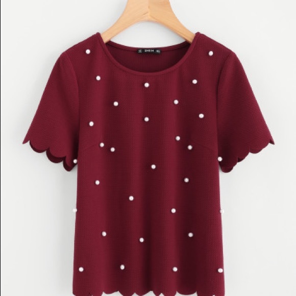 SALE❣️Burgundy❣️Scallop Trim Pearl Embellish Top - Picture 2 of 7