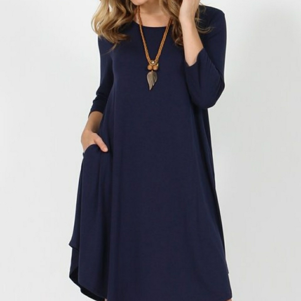 Navy Three-Quarter Swing Tunic Dress